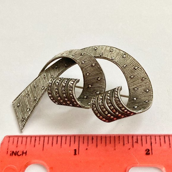 Vintage Sterling Silver Art Deco Marcasite Brooch Pin 925 Estate Ribbon Swirl - Picture 11 of 14